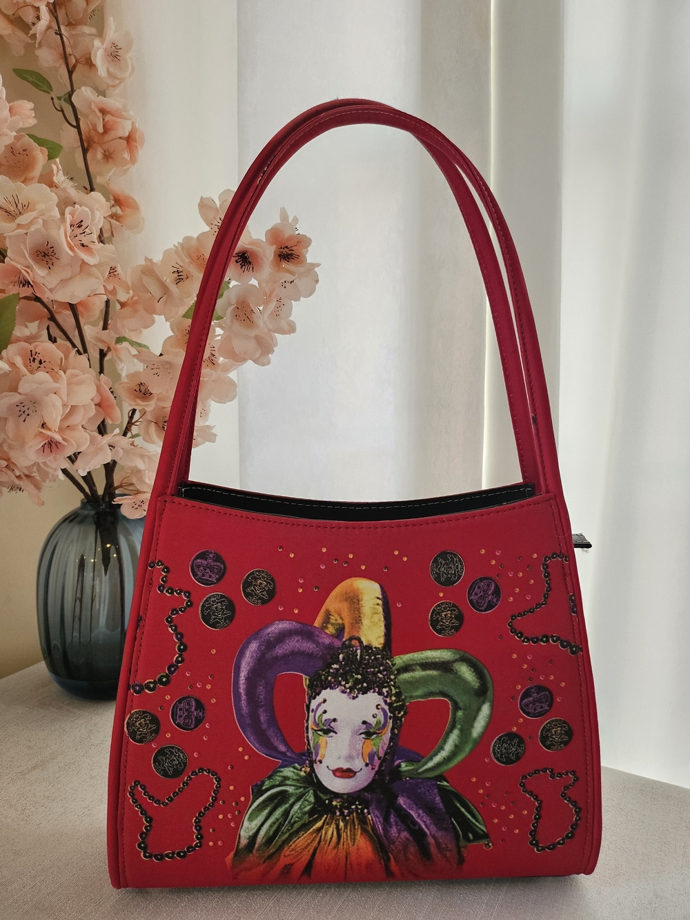 Red Sequin Jester Appliqué Shoulder Bag Vintage Mardi Gras Purse Bold Bright - Picture 8 of 16